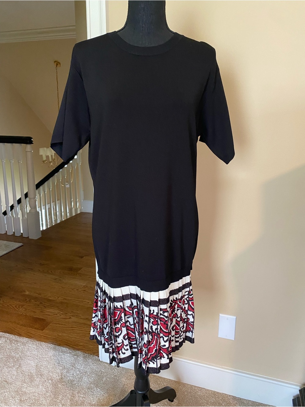 RED Valentino Black Knit Midi Dress with Red & White Printed Pleat